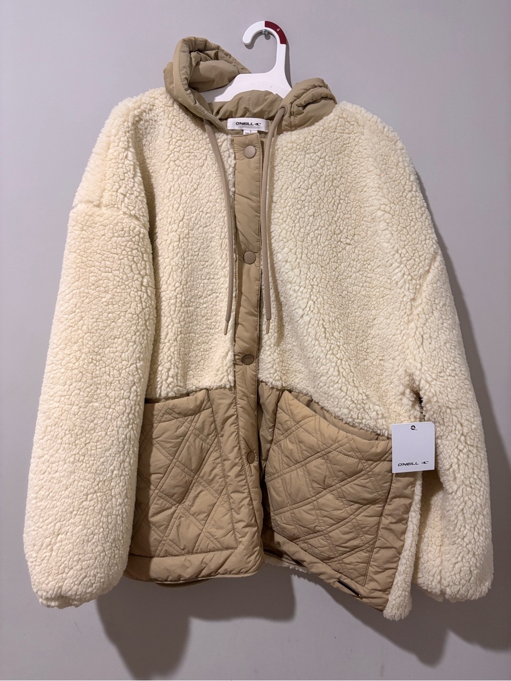 O'Neill Cream Sherpa Jacket with Tan Quilted Accents